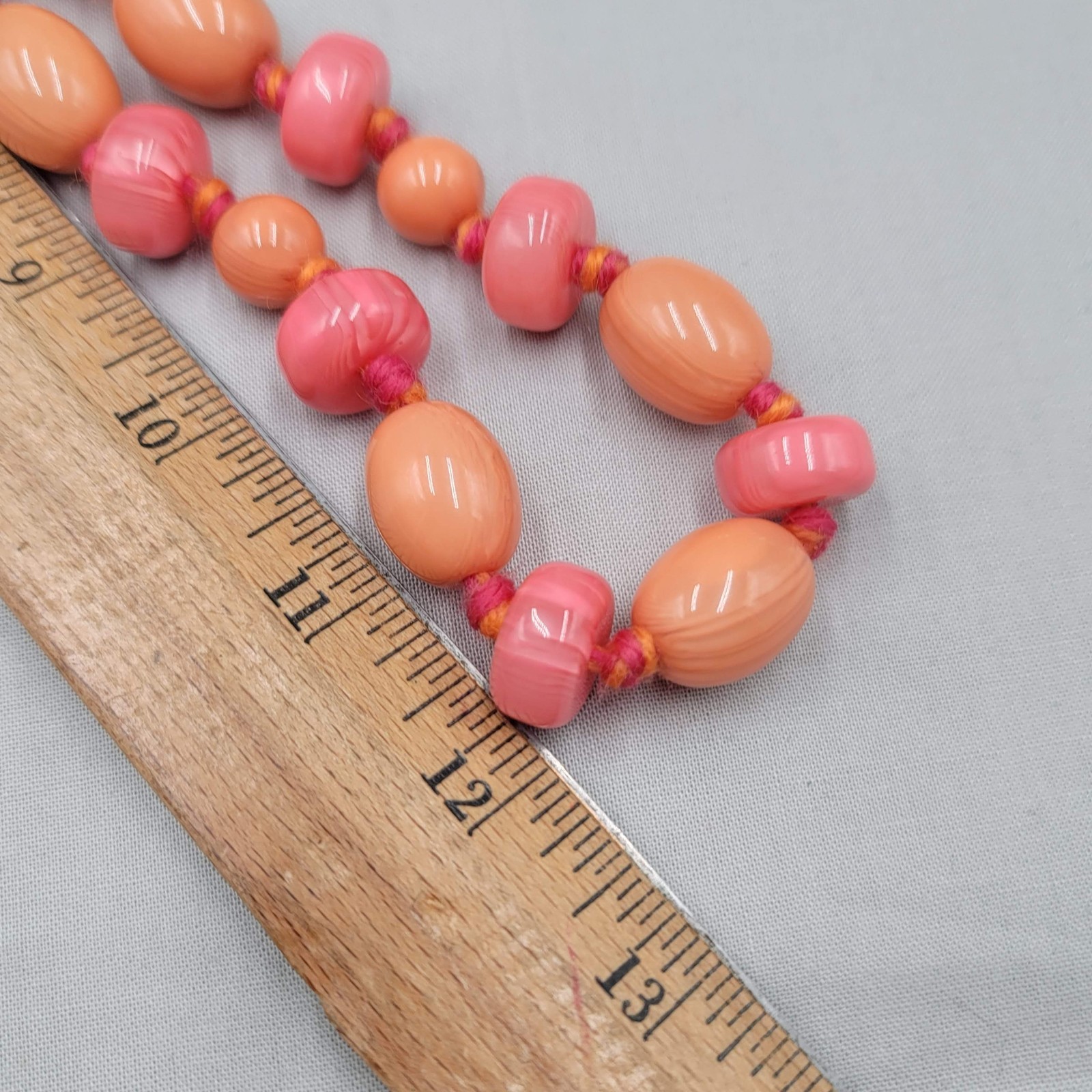 Artisan Peach Pink Cane Glass Bead Necklace Hand Knotted Yarn Cord 24 in