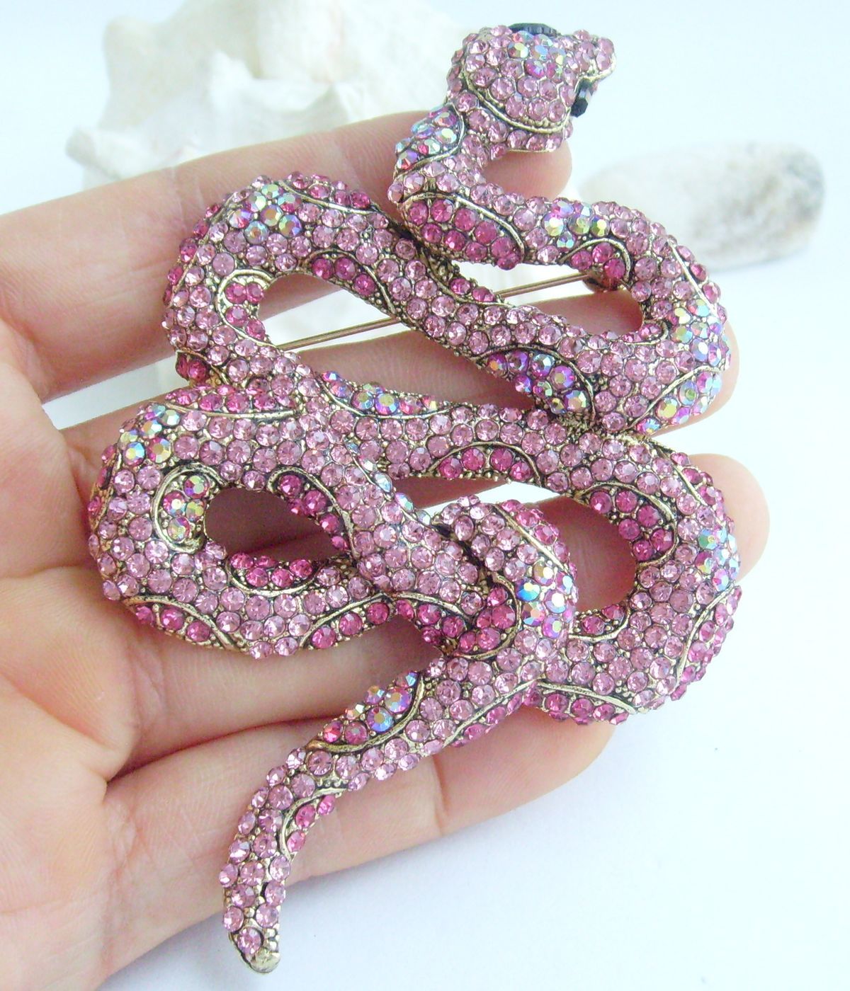 Unique 3.94″ Pink Rhinestone Crystal Snake Animal Brooch Pin Pendant 05847C7