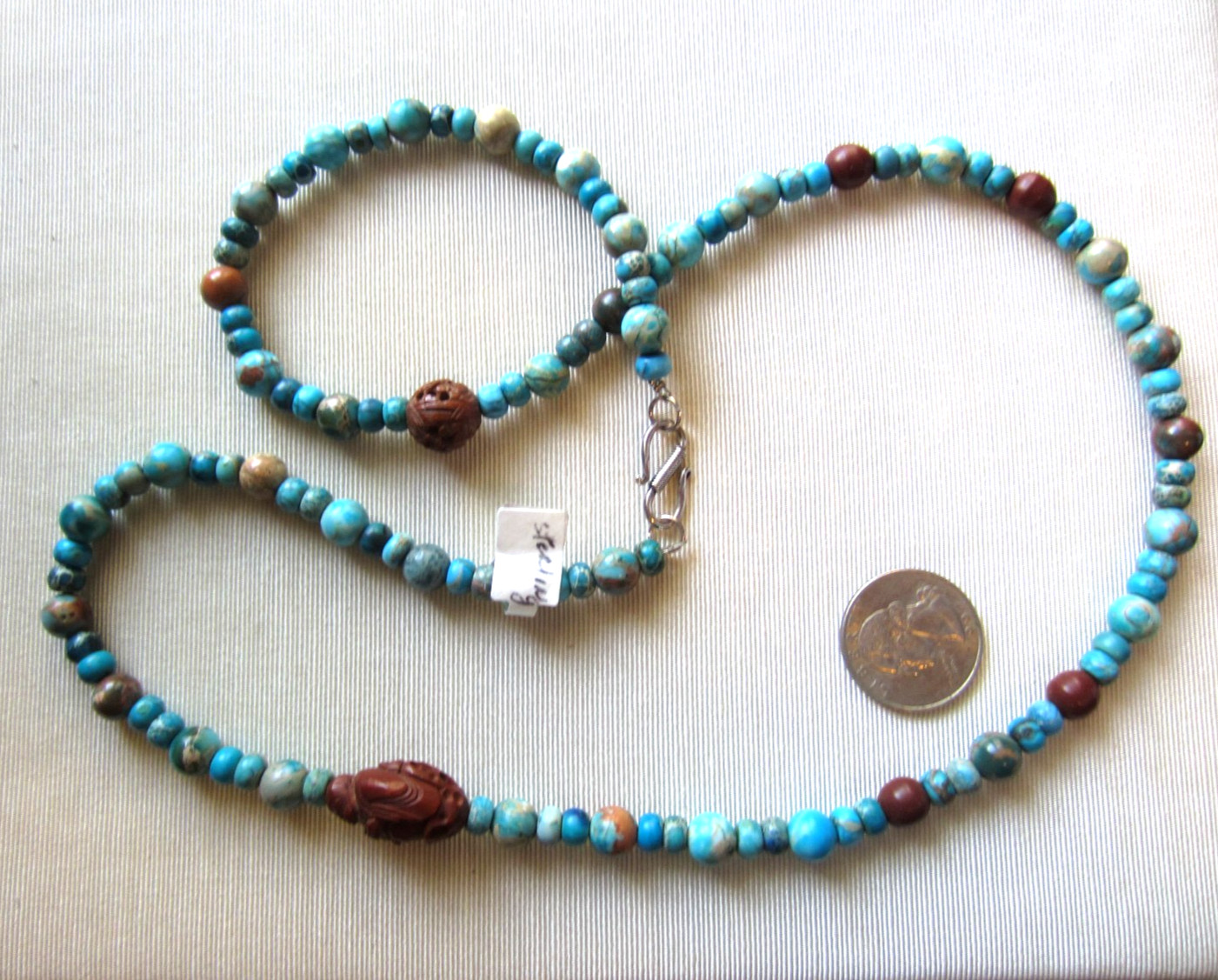 New Artisan Mixed Turquoise & Jasper Beaded Necklace Sterling Hook 28.5″ OOAK