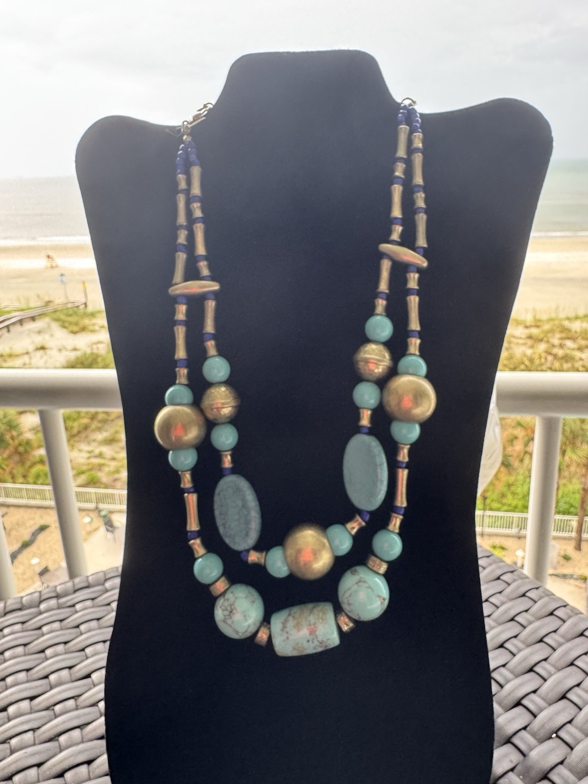 Chico’s Blue Turquoise Beaded Layered Statement Necklace Gold Tone Signed