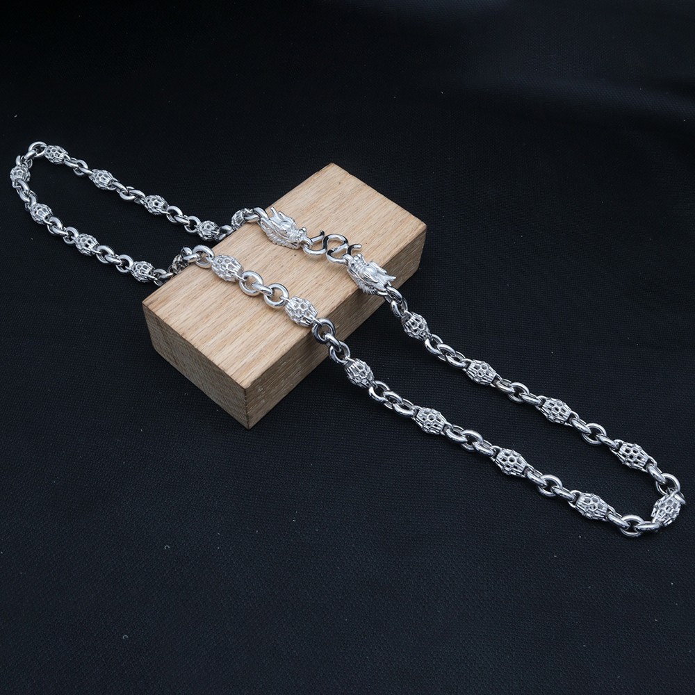 Pure S925 Sterling Silver Chain 6mm Barrel Beads Link Necklace 44-45g 21.6inch