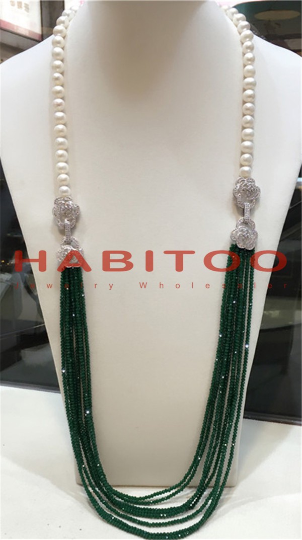 natural 8-9MM white freshwater pearl green jade necklace 36″