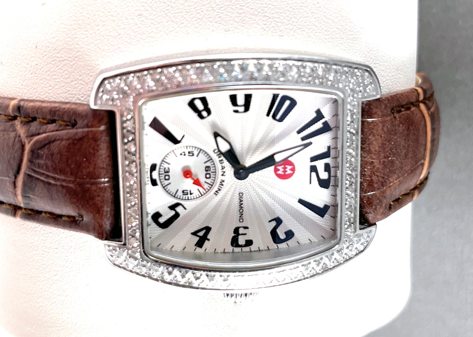 Michele Mini Urban Diamond Watch With Brown Leather Band in Excellent Cond.