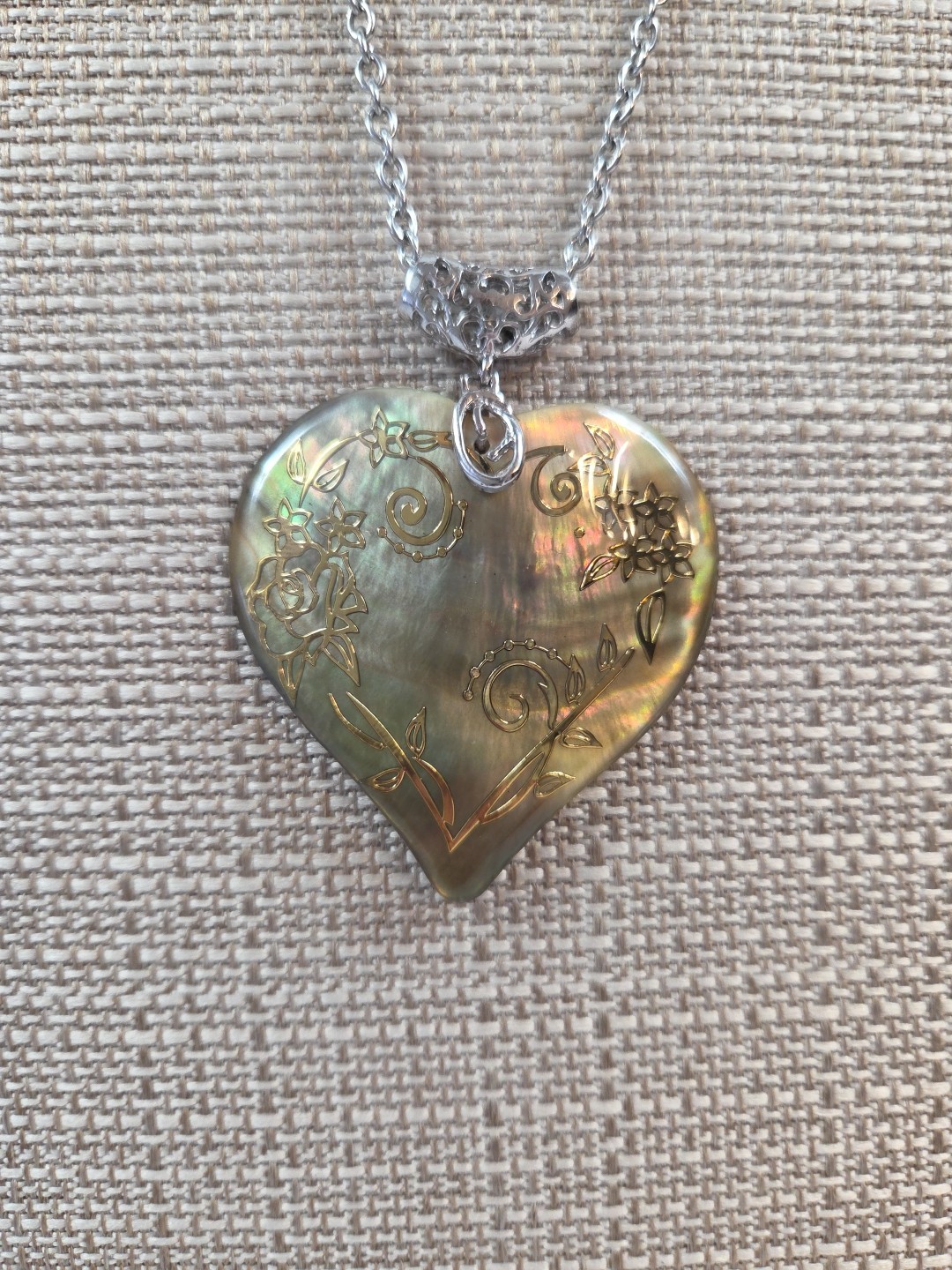 Abalone Shell Large Heart Gold Gilded Swirl Flowers Statement Pendant Necklace