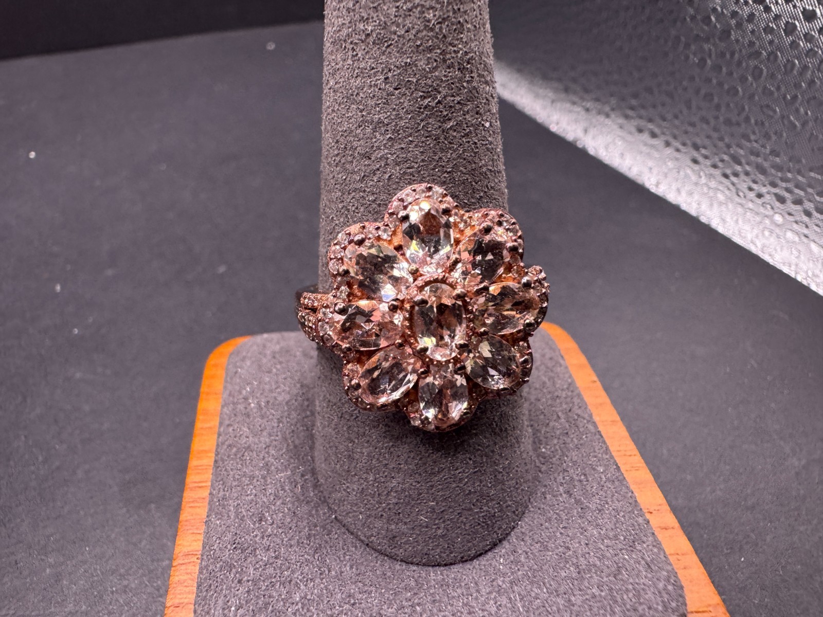 Vtg CN 925 Sterling Silver Rose Gold Morganite CZ Flower Cocktail Ring Sz 10.25