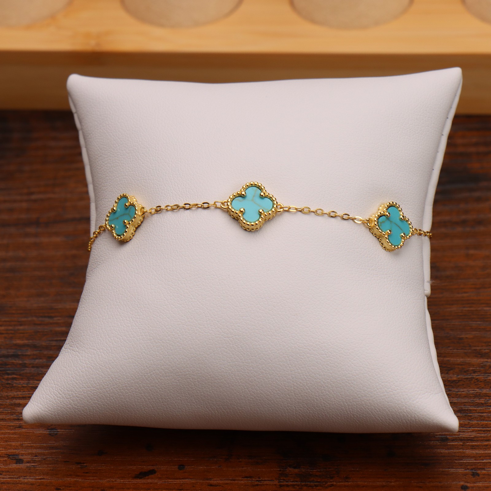 Turquoise Bracelet 7-8″ inch 14k Gold Over 925 Sterling Silver 5 Clover