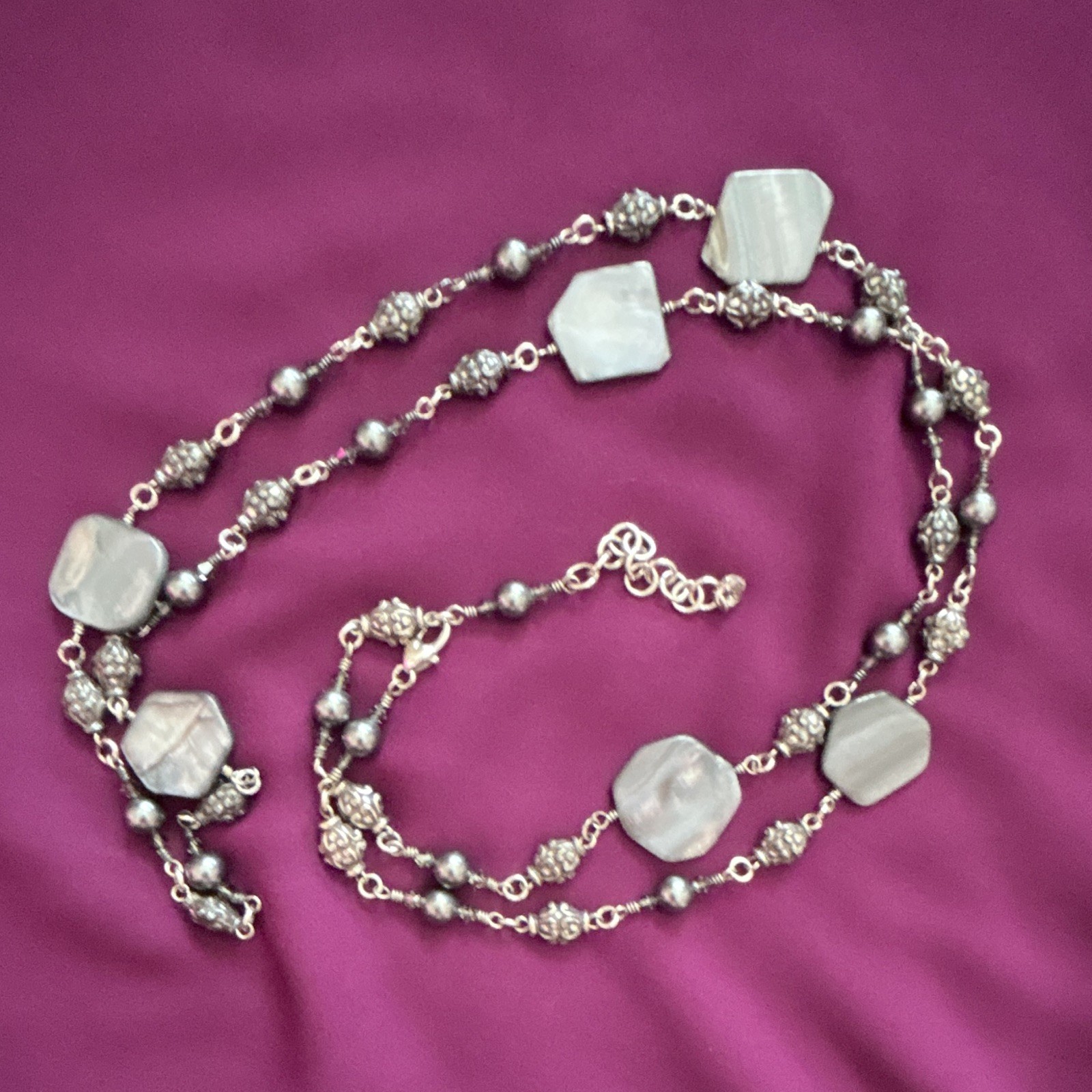 Silver Tone Multi-Strand Beaded Chain Necklace, Gray Square Stone Beads, Lobster