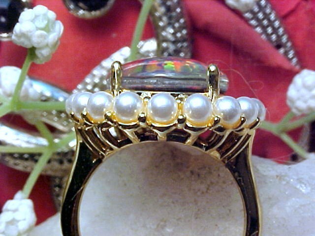 Gilson Opal Triplet 18x13mm & Pearl 2.1mm Ring 925 SS/14k Yellow Gold Finish
