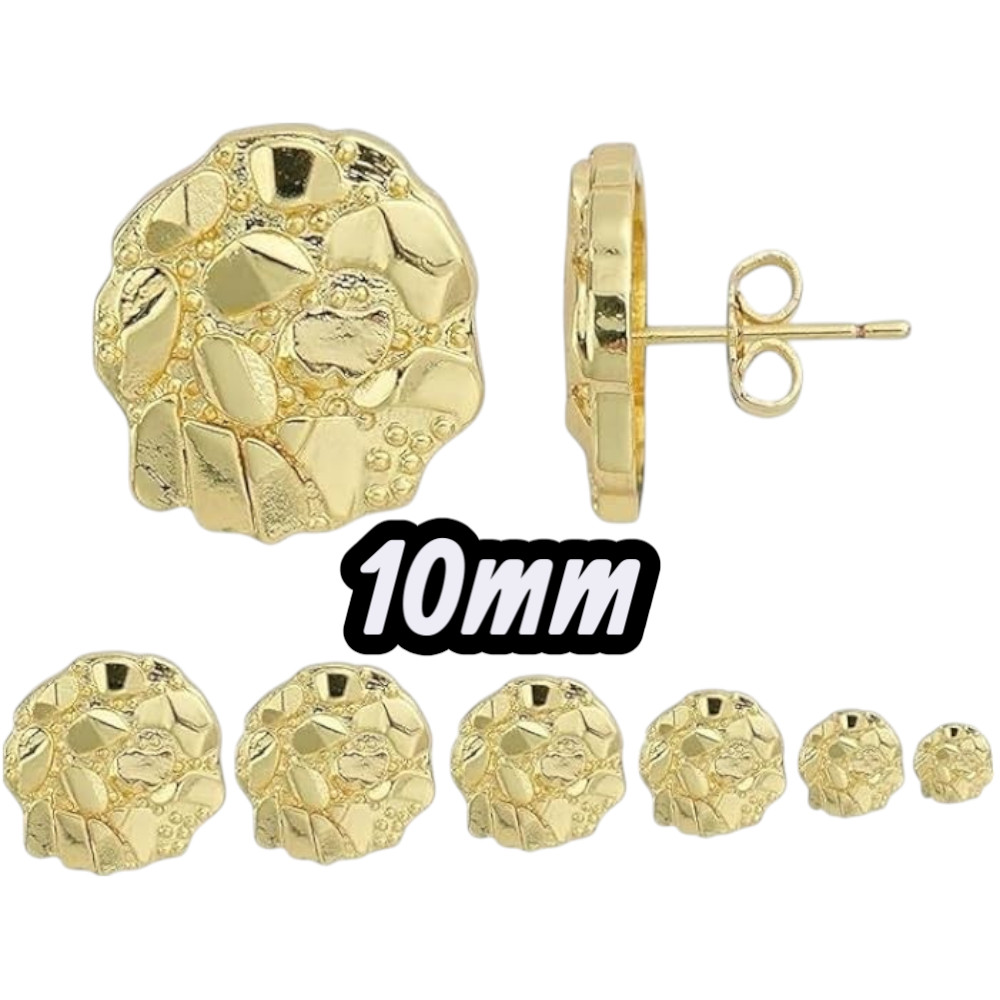 14K Nugget Textured Round Shaped Minimalist Push Back Stud Earrings 10mm