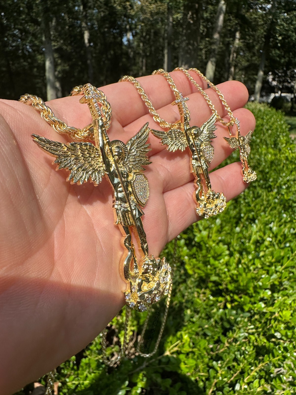 Real MOISSANITE Saint Michael Slaying Dragon Pendant 14k Gold Over 925 Silver