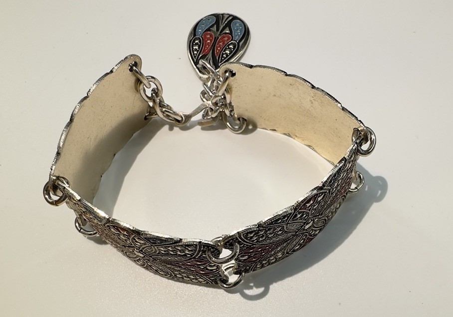 Vintage Art Deco Aluminum Enamel Panel Bracelet West Germany Size 7-9.5” Adj.
