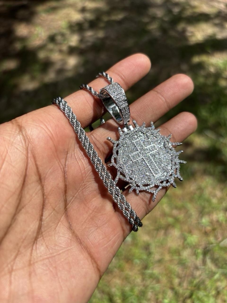 5AAA+ CZ PVD Plated Cross Thorn Circle Iced HipHop Pendant With 60 Cm Rope Chain
