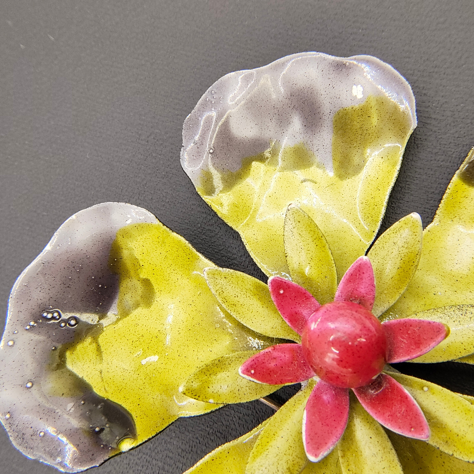 Vintage Hibiscus Flower Brooch Pin Enamel Black Gray Yellow Red 1960s-1970s MCM