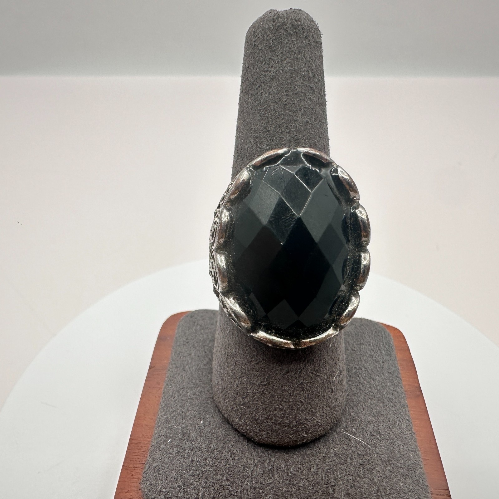 Vintage 80s Silver Tone Black Onyx Statement Ring Oval Faceted Gemstone Jewelry