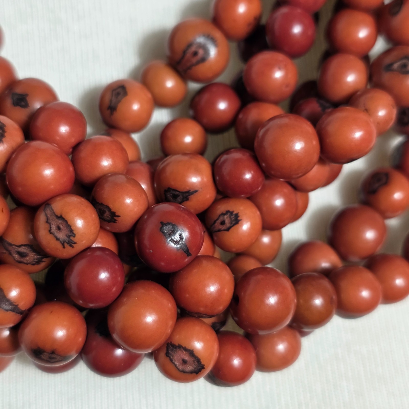 Multi-Strand Dyed Coral Colored Acai Seed Bead Necklace Gold Seed Bead Accents