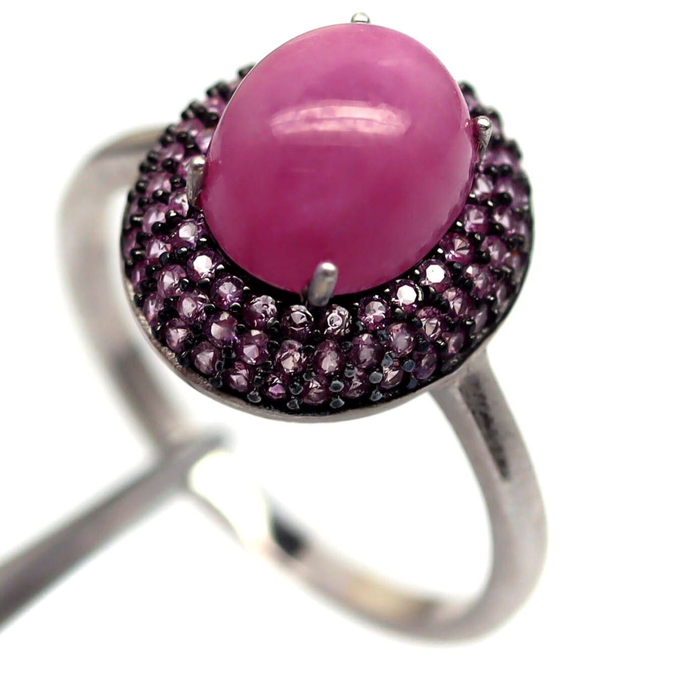 Large Pink Ruby Cabochon Ring Sapphire Halo 925 Silver Statement Size 9