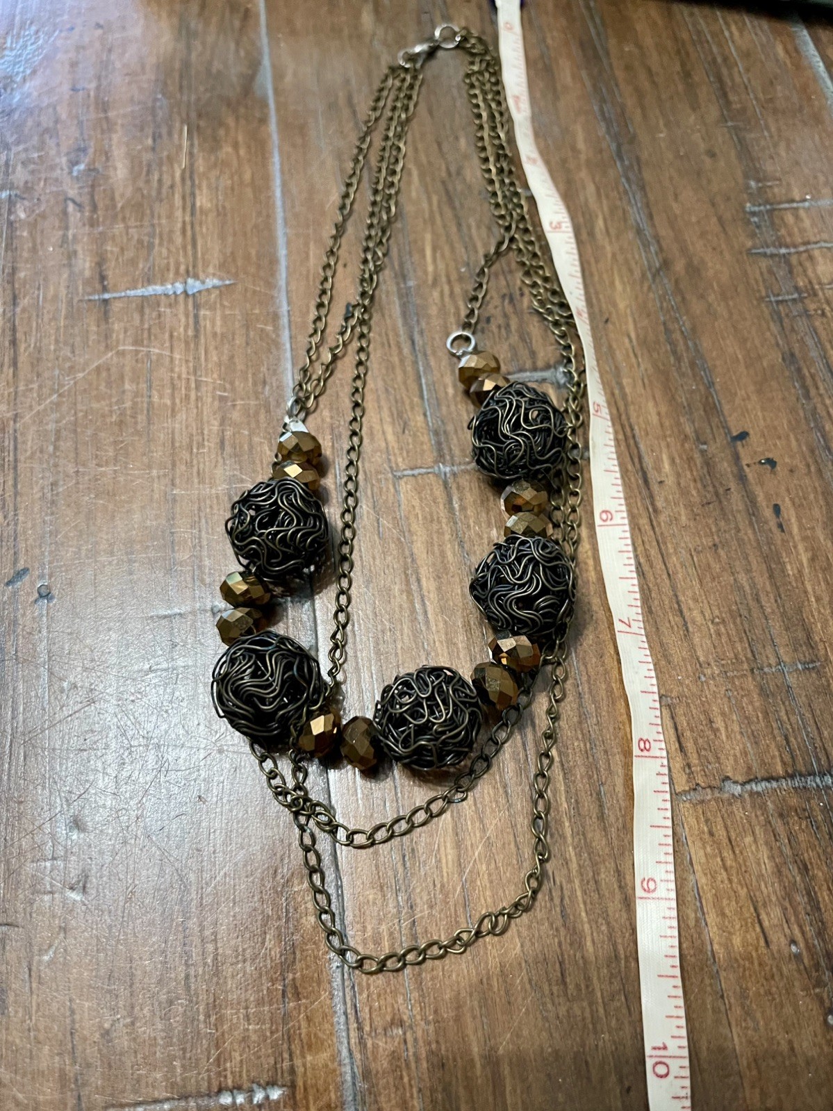 Bronze Black Wire Wrapped Cage Beaded Necklace Multi Chain Artisan