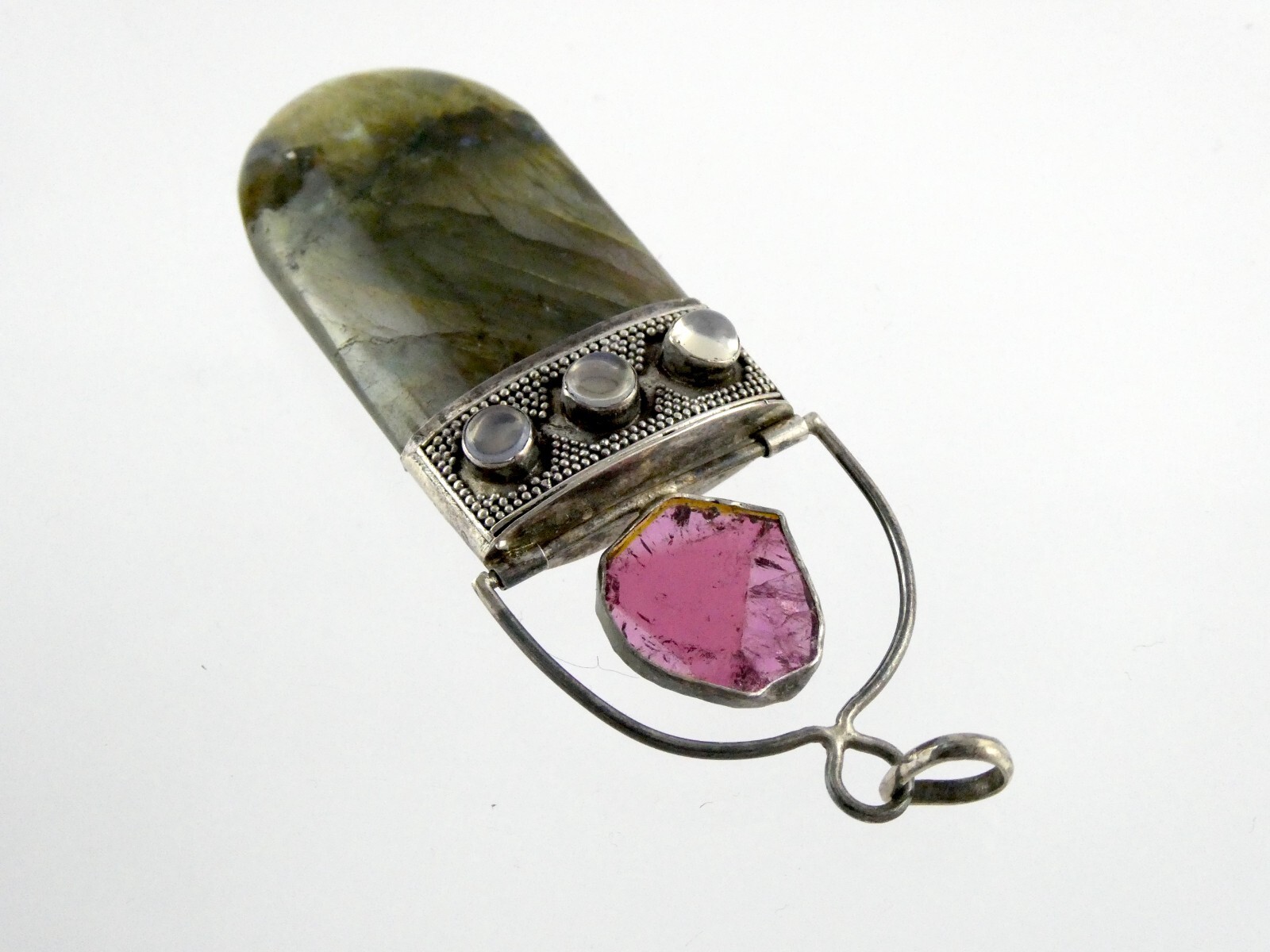 Sterling Silver Pink Tourmaline Slice Labradorite Moonstone Pendant 925 24.2g
