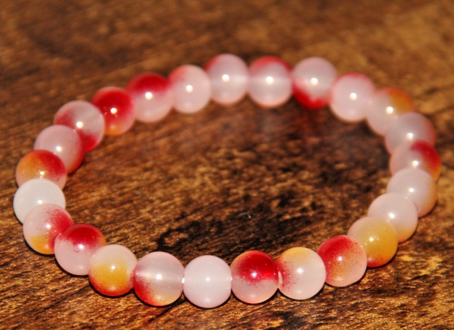 Milky White, Red, and Yellow Round Glass Bead Stretch Bracelet Boho