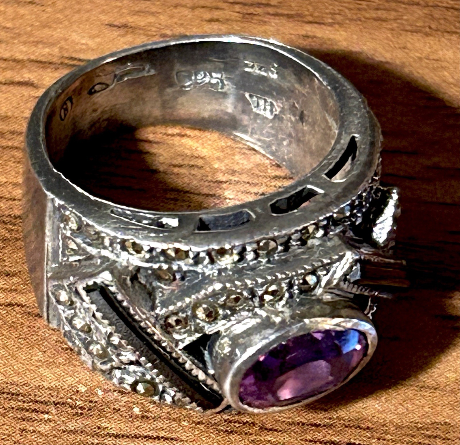 Vintage Wide Band Sterling Ring With Amethyst Marcasite And Onyx Signed Size 6