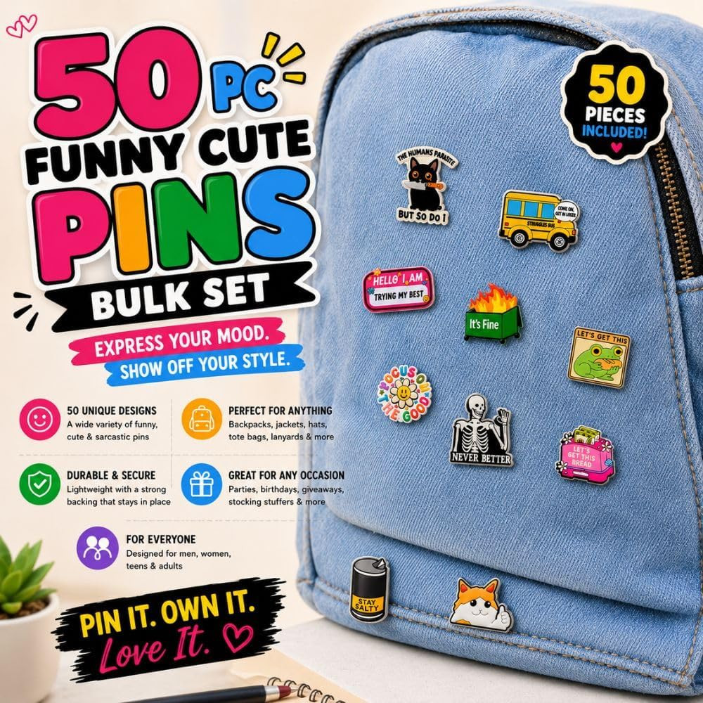 50PC Funny Cute Pins Bulk Set Fun Cool Novelty Brooch Button Pins
