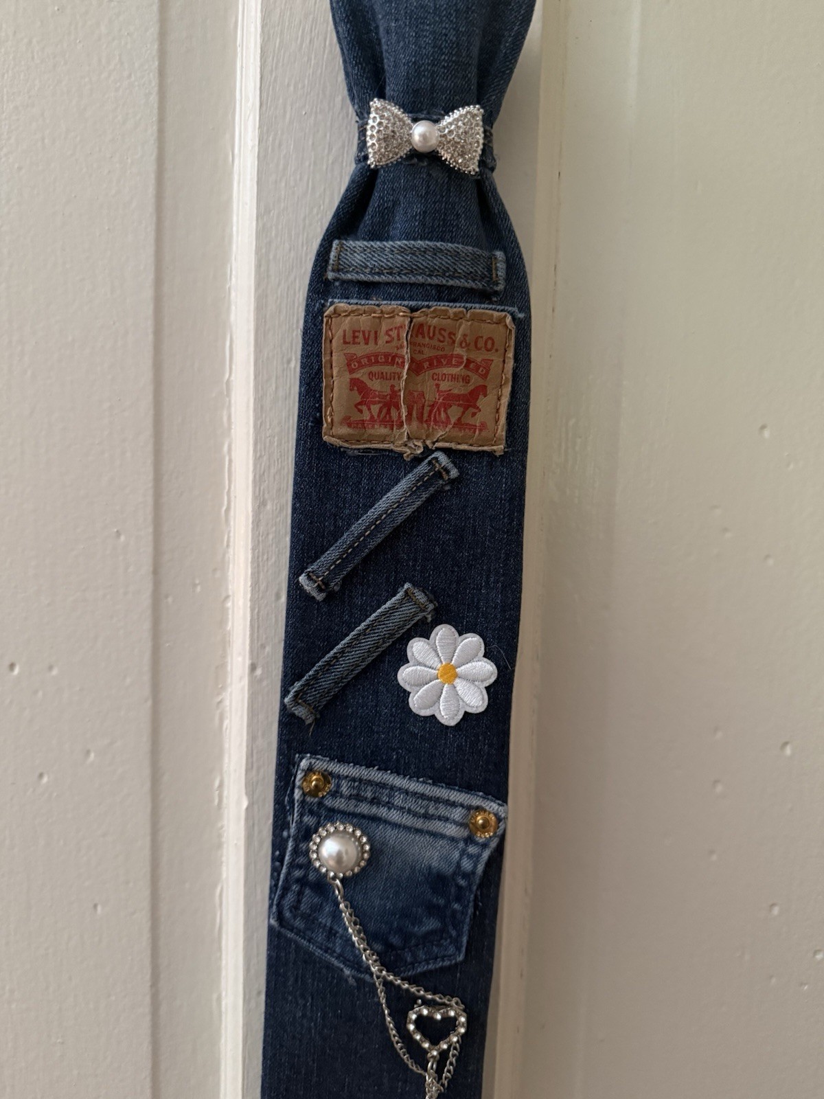 Denim Tie Pearl Necklace Customized With Bling & Levi’s Patch Handmade Unique