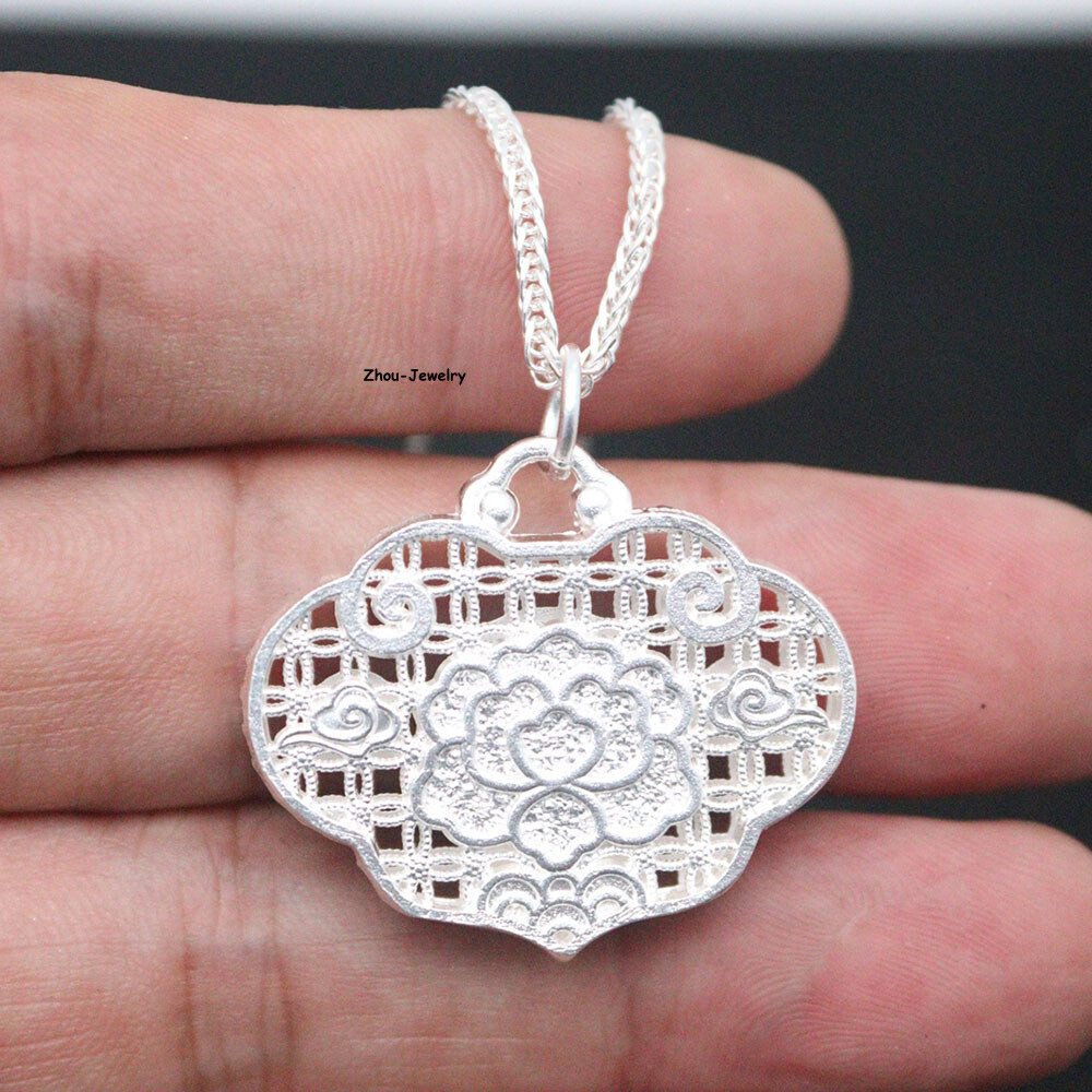 Pure S999 Sterling Silver Pendant Women Hollow Coin Fu Lock Pendant 8-9g 27*31mm