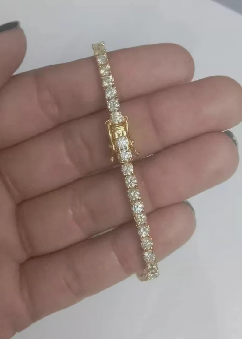14k Yellow Gold Round Natural Diamond Unique Tennis Bracelet For Wedding Gift