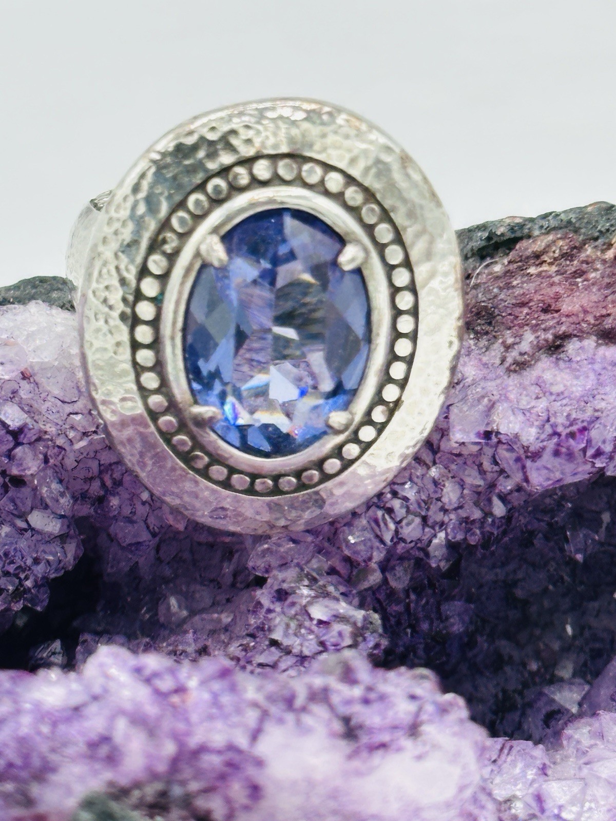 Brighton Silver Plated Blue Crystal Halo Statement Ring Hammered Band 5.75