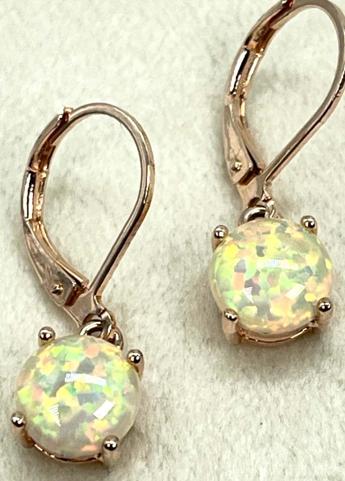 Earrings. Rose Gold Tone White Multicolor Reflective Opal Leverback w/1″ Drop
