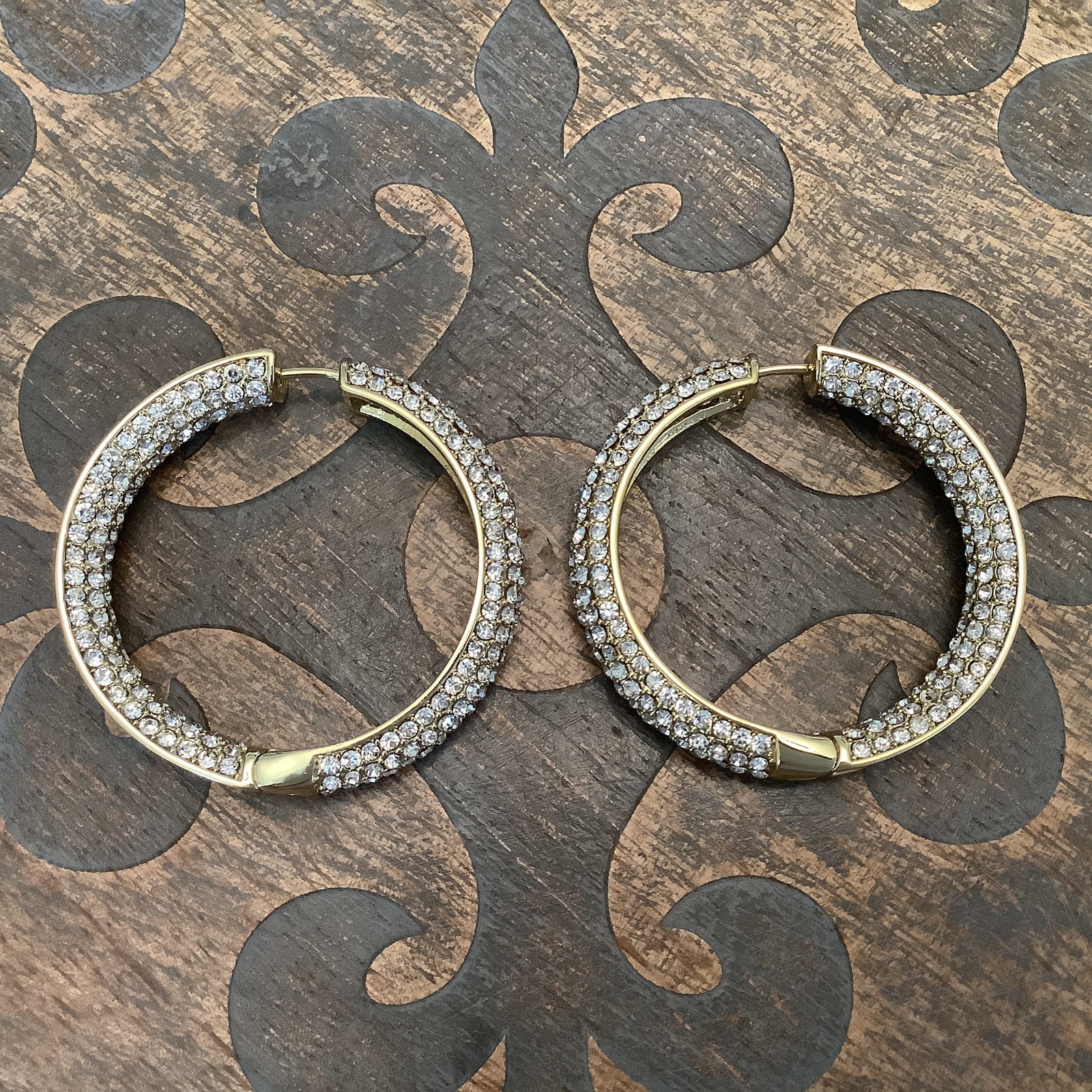 Joan Boyce Not For The Faint Of Heart Dramatic Gold Pave Crystal Hoop Earrings