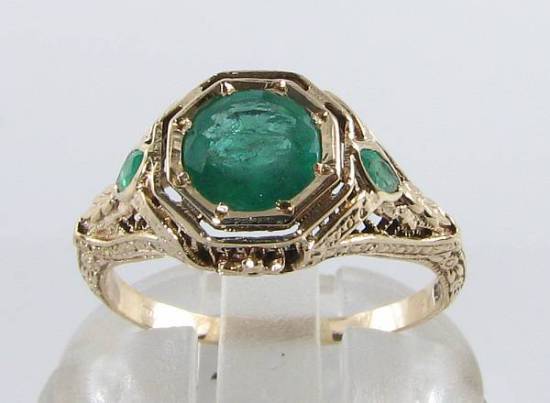 LARGE 9K 9CT GOLD COLOMBIAN EMERALD ART DECO INS FILIGREE RING FREE RESIZE