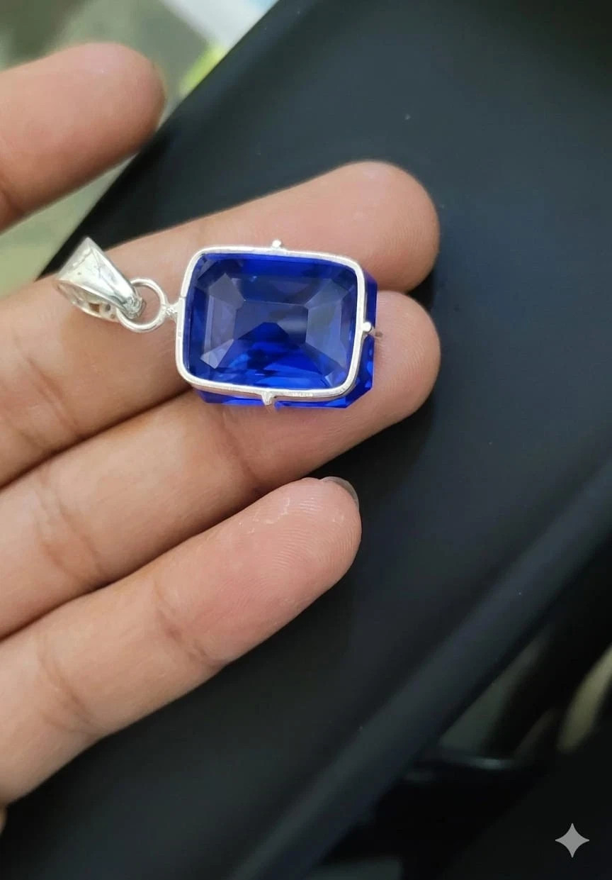 Natural 21 Ct Blue Sapphire Solid Silver Emerald Cut Pendant Certified Gemstone