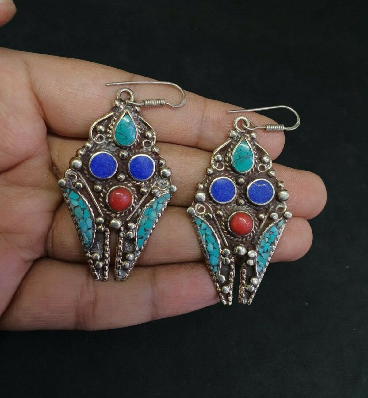 Tibetan Nepalese Beautiful Earring With Lapis Turquoise Sterling Silver Hooks