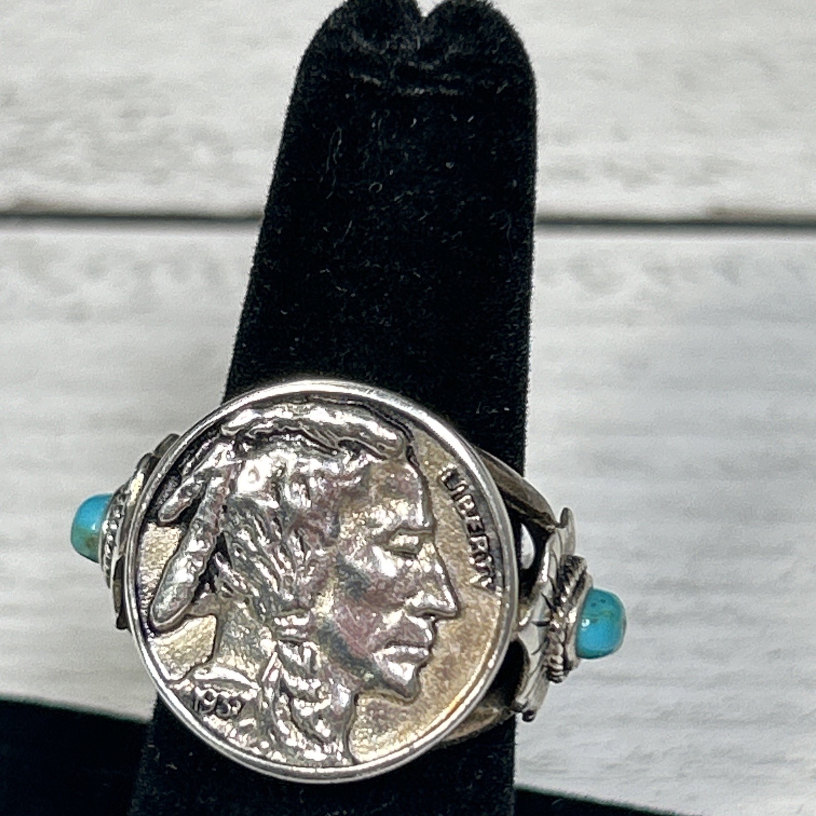 Vintage Silver 925 Navajo 1937 Indian Head Nickle Turquoise Ring Signed BBJ Sz 7