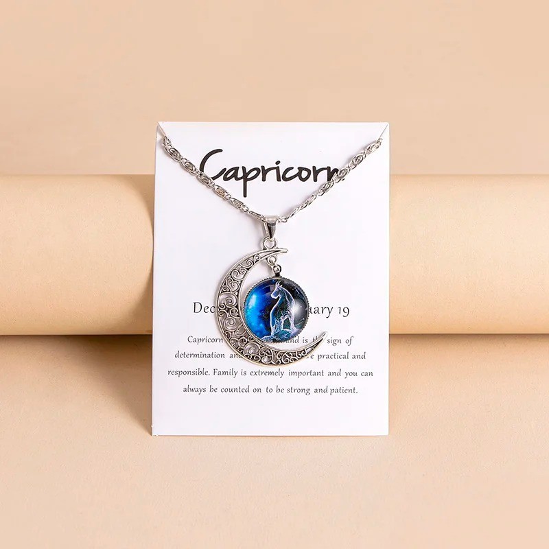 Moon Shaped Zodiac Sign Necklace Horoscope Astrological Pendant with 17″ Chain