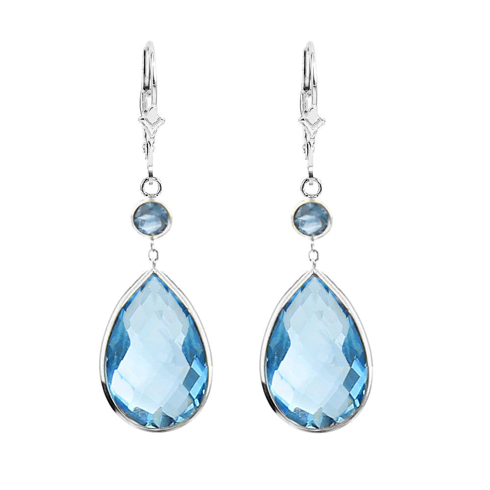 14K White Gold Earrings with Dangling Pear Shape and Round Blue Topaz Gemstones