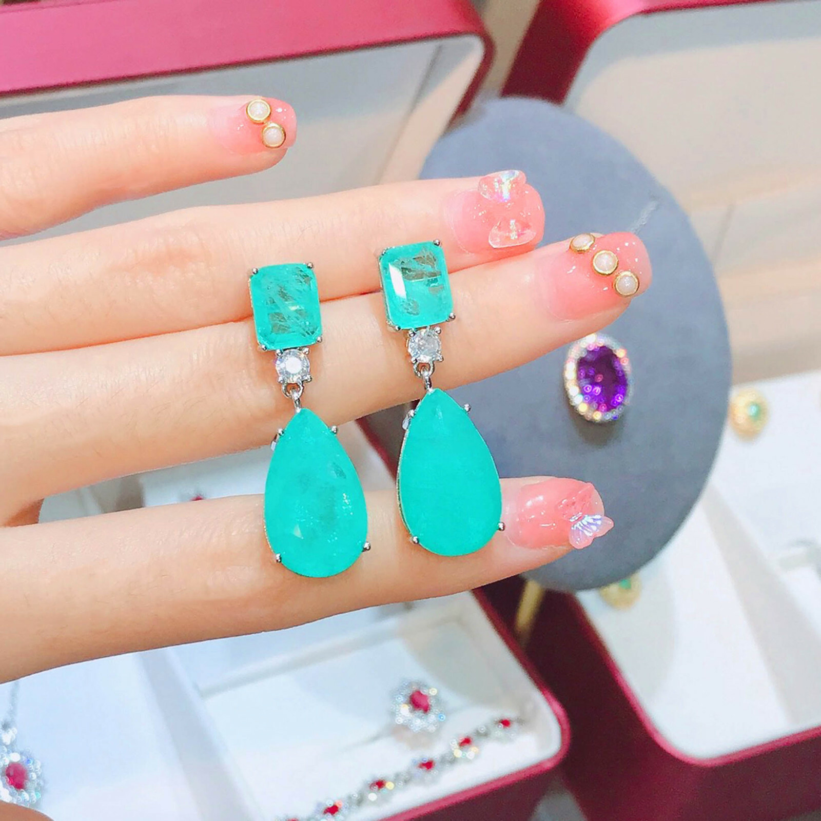 New Hotsale Neon Blue Tourmaline Gems Fashion Women Silver Stud Dangle Earrings