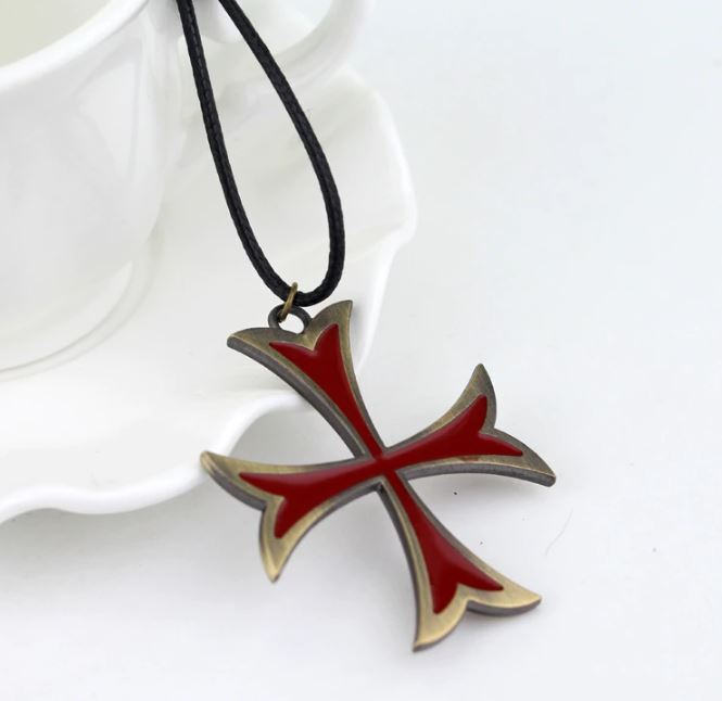 Vintage Knight Templar MALTESE CROSS IRON CROSS PEWTER PENDANT CORD NECKLACE RED
