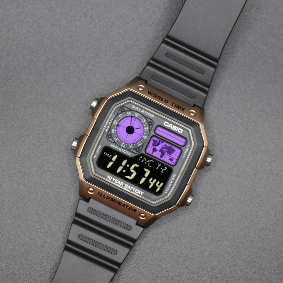 CASIO AE-1200WHD. Royale World Time Watch Mod. Purple Filter. Negative Display
