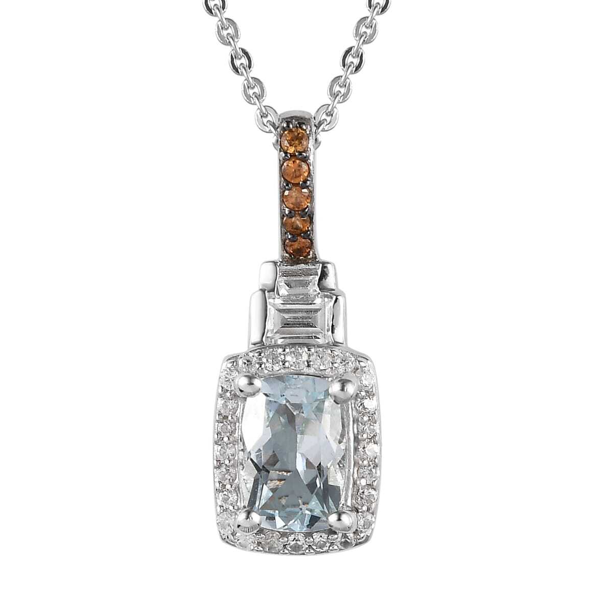 BEAUTIFUL! 1.20ctw Premium Aquamarine & Zircon Halo Necklace 20” Platinum Plated