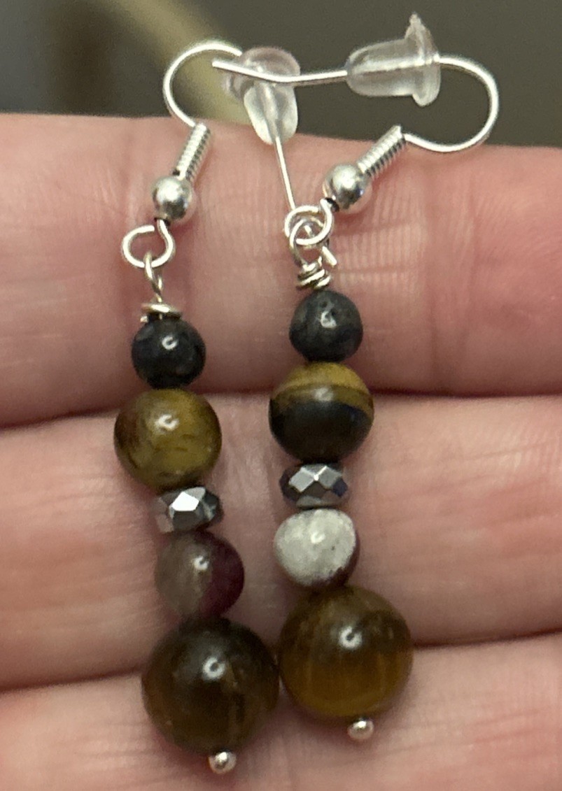 Sterling silver overlay brass brown tiger eye hematite dangle earrings