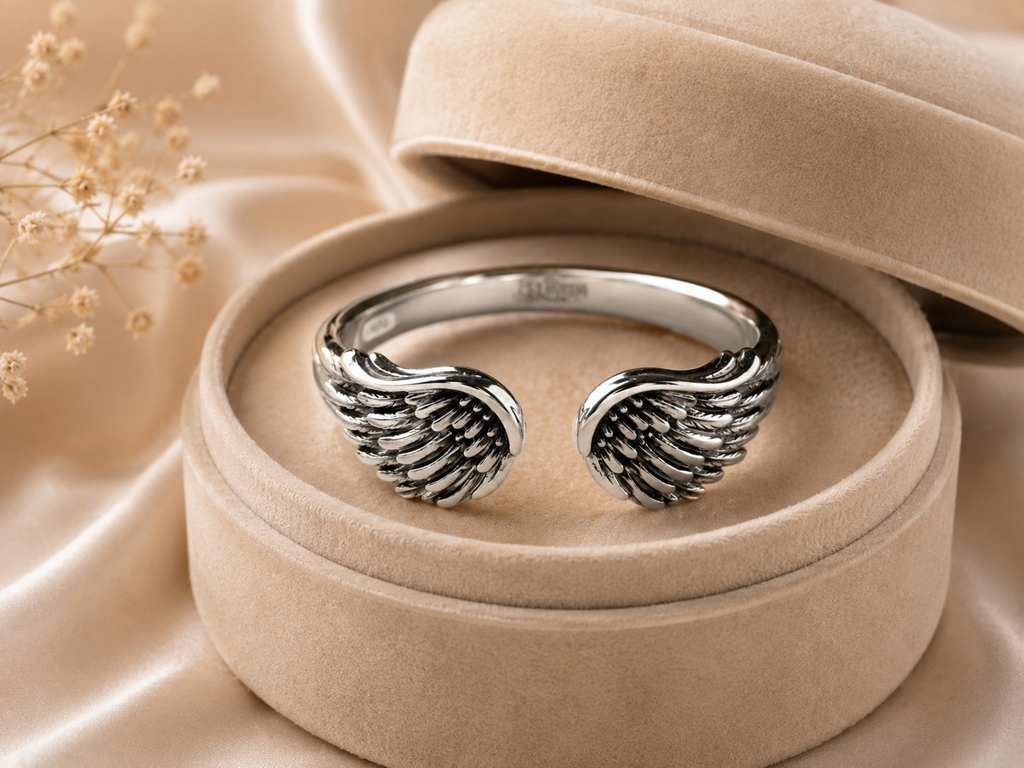 925 Sterling Silver Angel Wing Adjustable Open Ring Vintage Feather Band