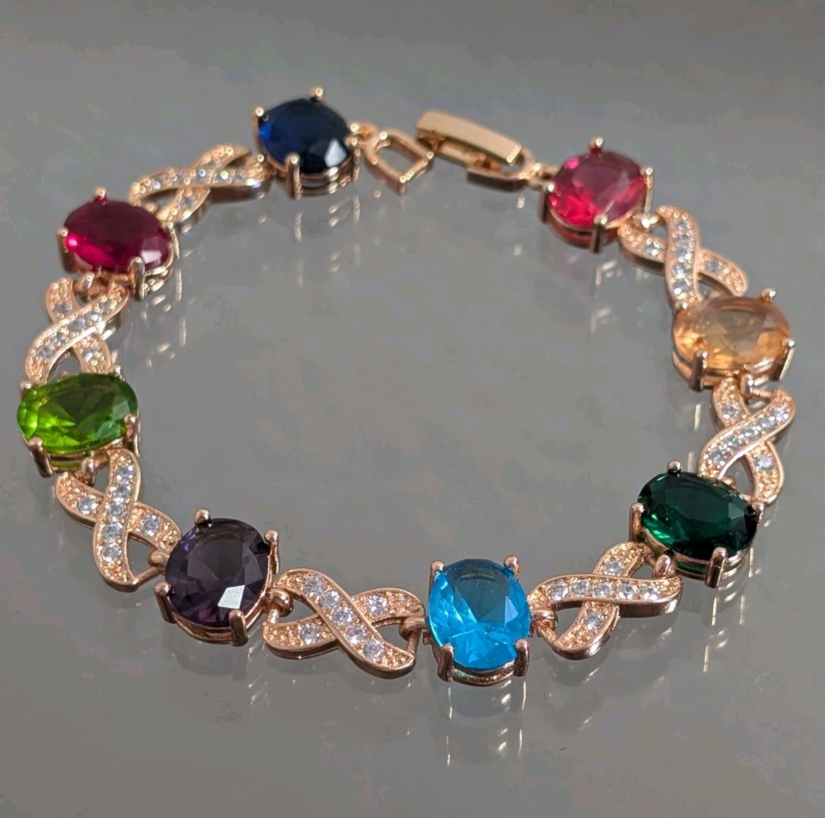 18k Rose Gold Filled Multicolor Tennis Bracelet made Swarovski Crystal 7″