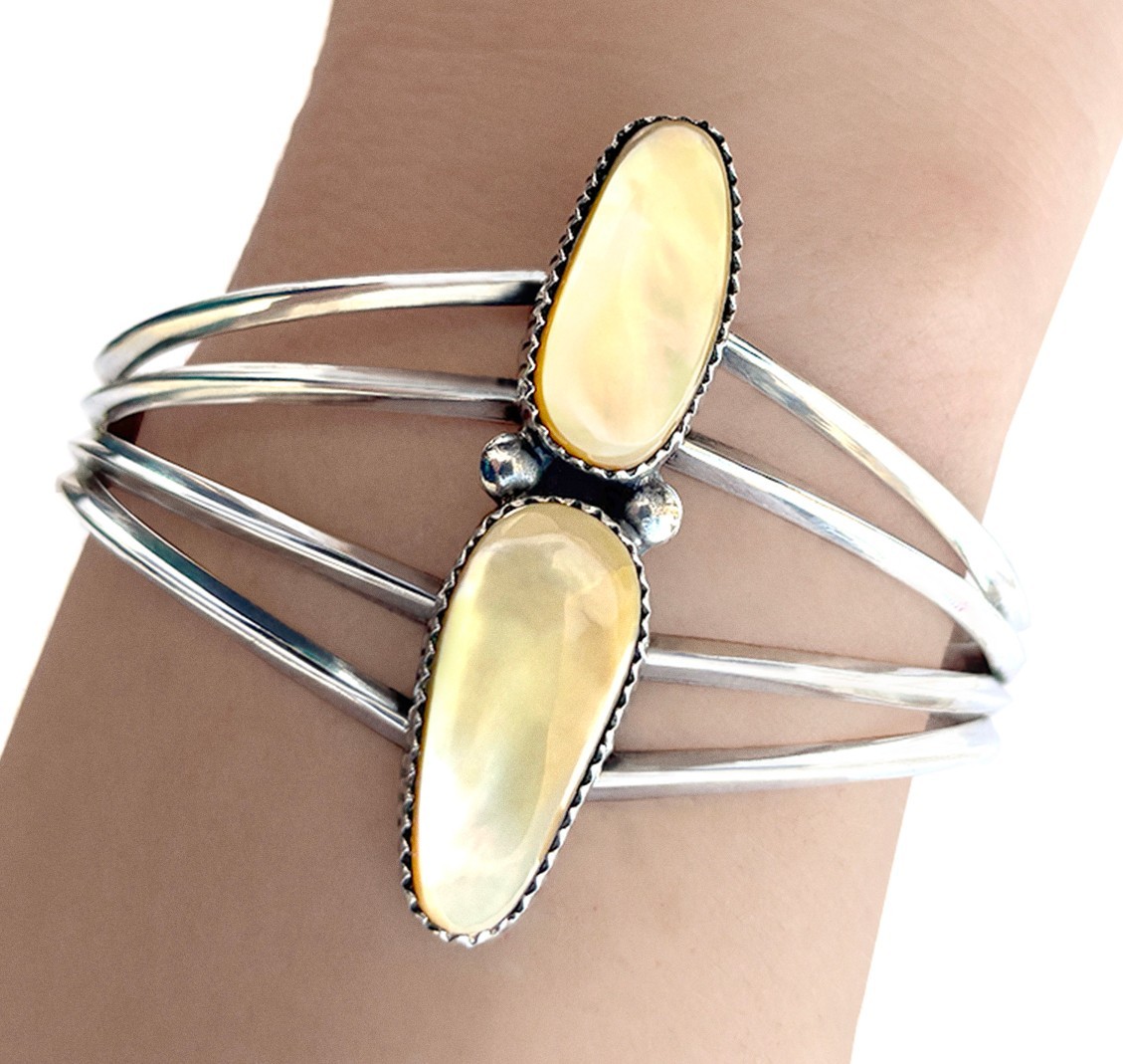 Navajo Sterling Silver & 2 Mother of Pearl Cuff Bracelet, G Boyd Native American