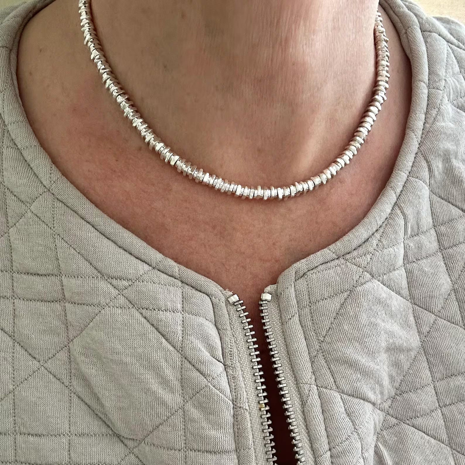 Sterling Silver Heishi Necklace, 5mm Organic Square Beads, Heavy Silver Choker