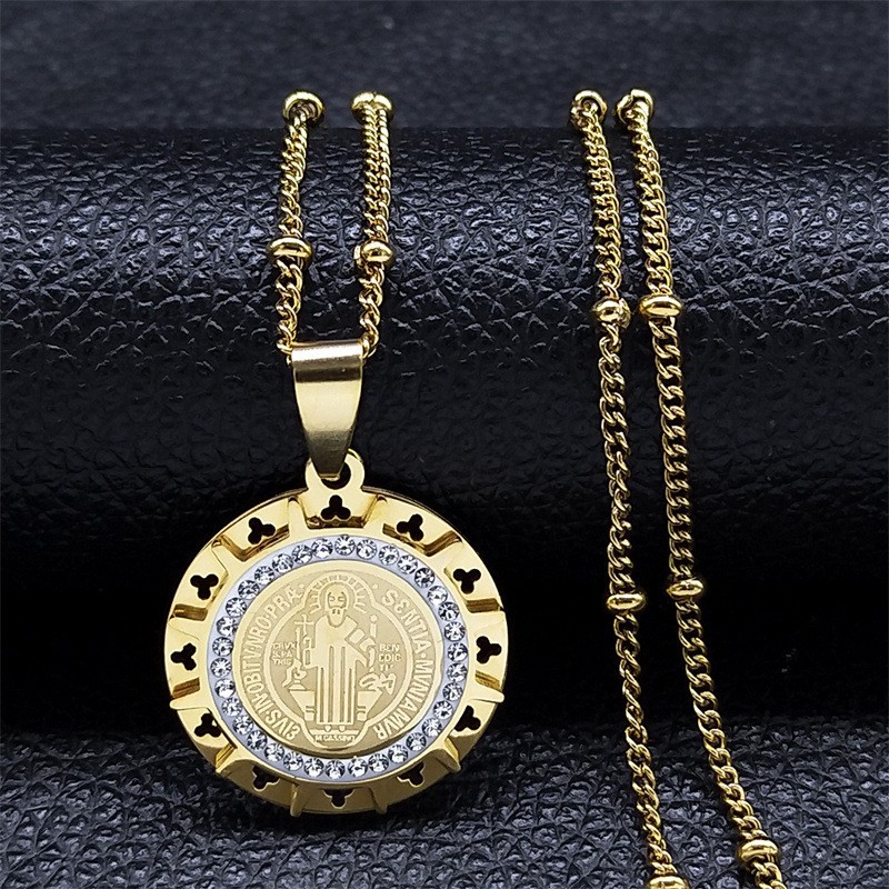 Stainless Steel Saint Benedict Round Medal Pendant Religious Jewelry Necklace