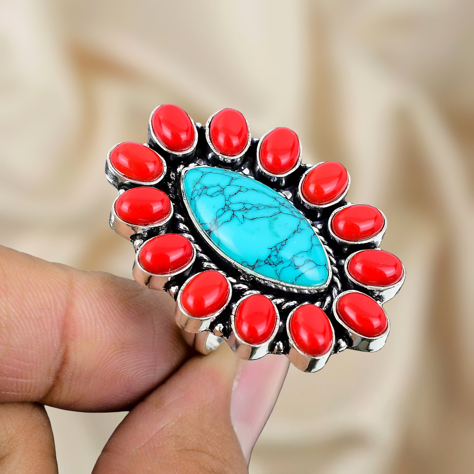 925 Sterling Silver Ring Turquoise Gemstone Ring Silver Statement Ring