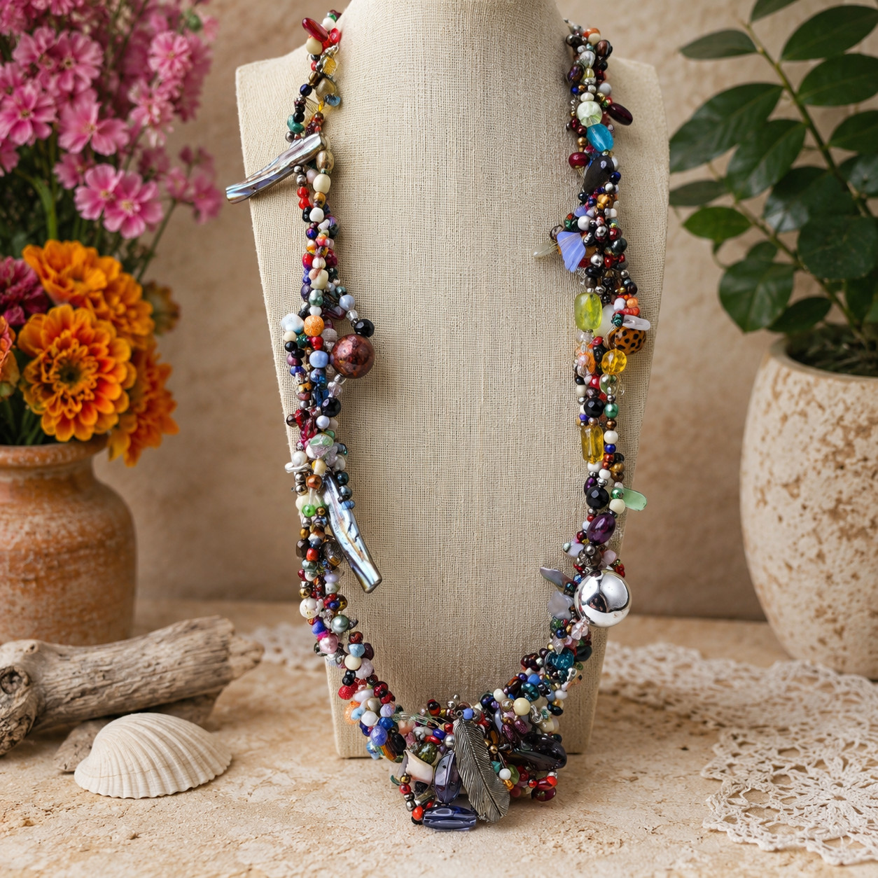 Artisan Mixed Media Assemblage Beaded Statement Necklace Feather 27 in OOAK