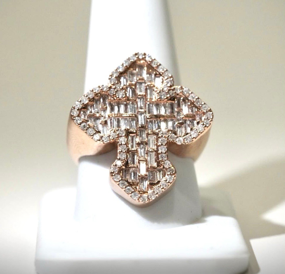 10k Rose Gold Cross Ring Natural Baguette Diamonds With Round Cuts 2.00Ct